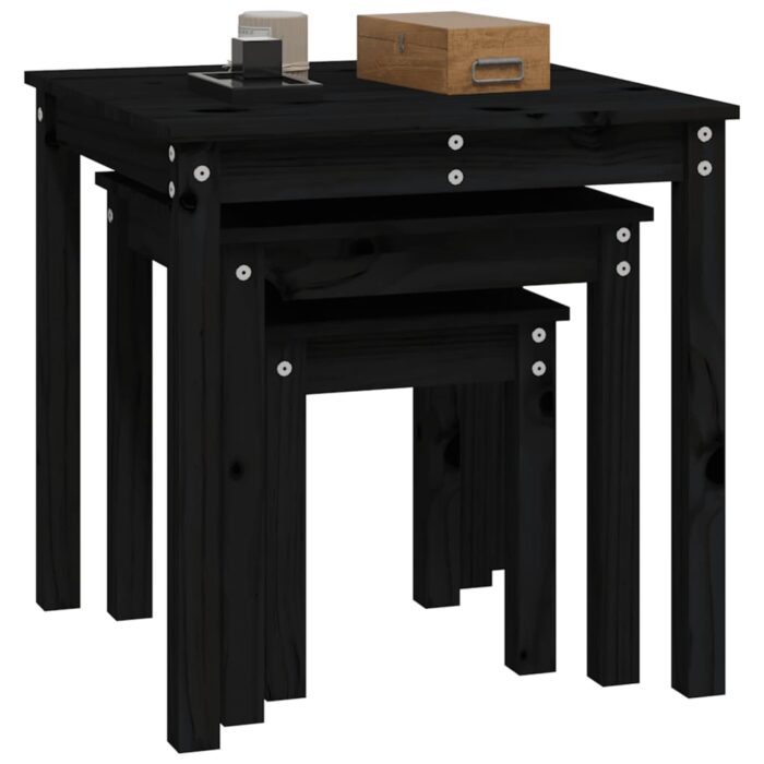 Tables gigognes 3 pcs Noir Bois de pin massif – Image 3
