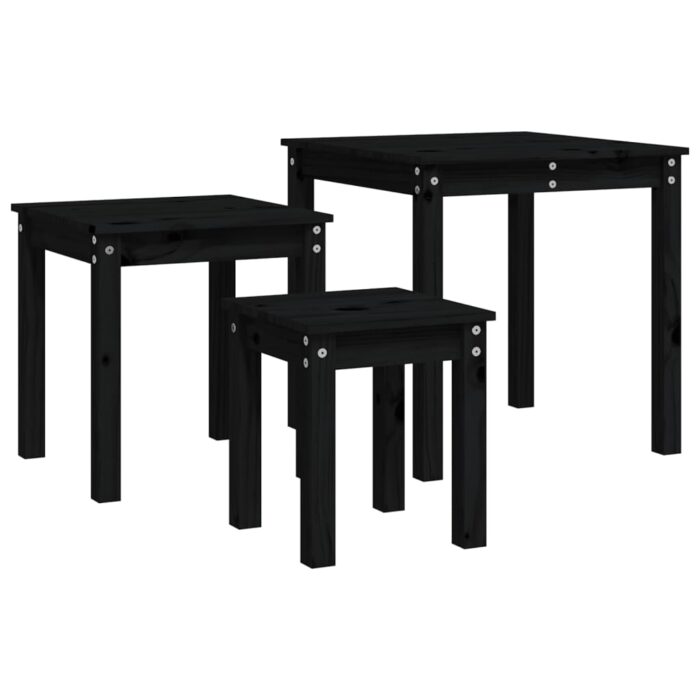 Tables gigognes 3 pcs Noir Bois de pin massif – Image 4