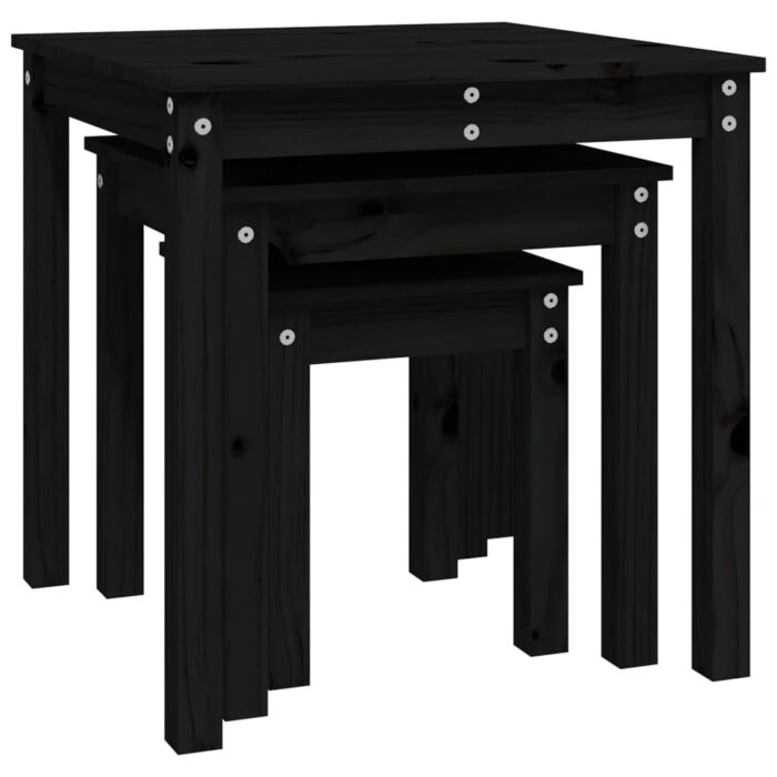 Tables gigognes 3 pcs Noir Bois de pin massif – Image 5