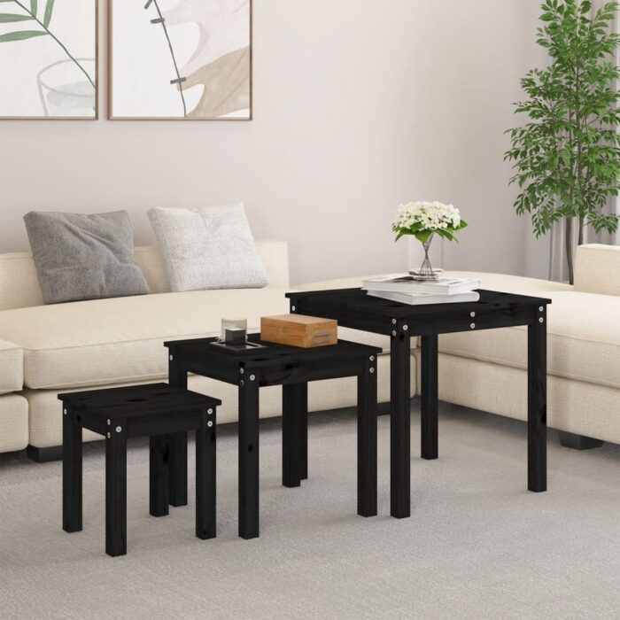Tables gigognes 3 pcs Noir Bois de pin massif – Image 1