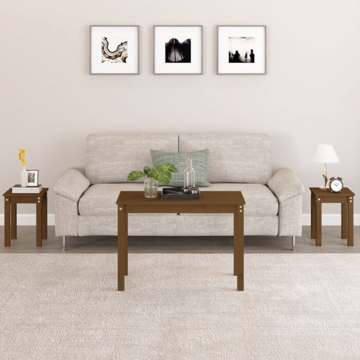 Tables gigognes 3 pcs Marron miel Bois de pin massif – Image 1