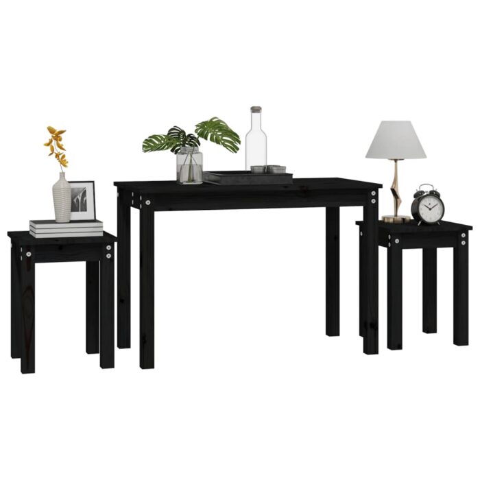 Tables gigognes 3 pcs Noir Bois de pin massif – Image 2