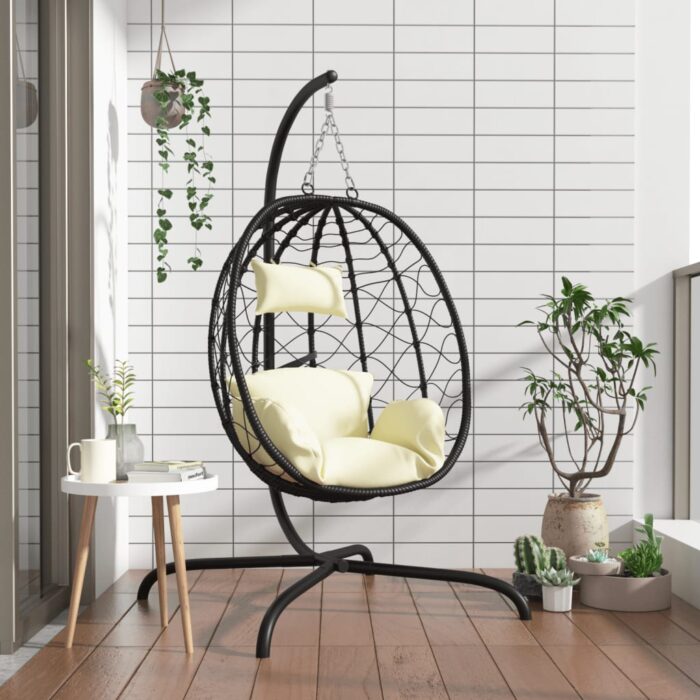 Chaise suspendue en forme d'œuf avec coussin blanc crème – Image 1