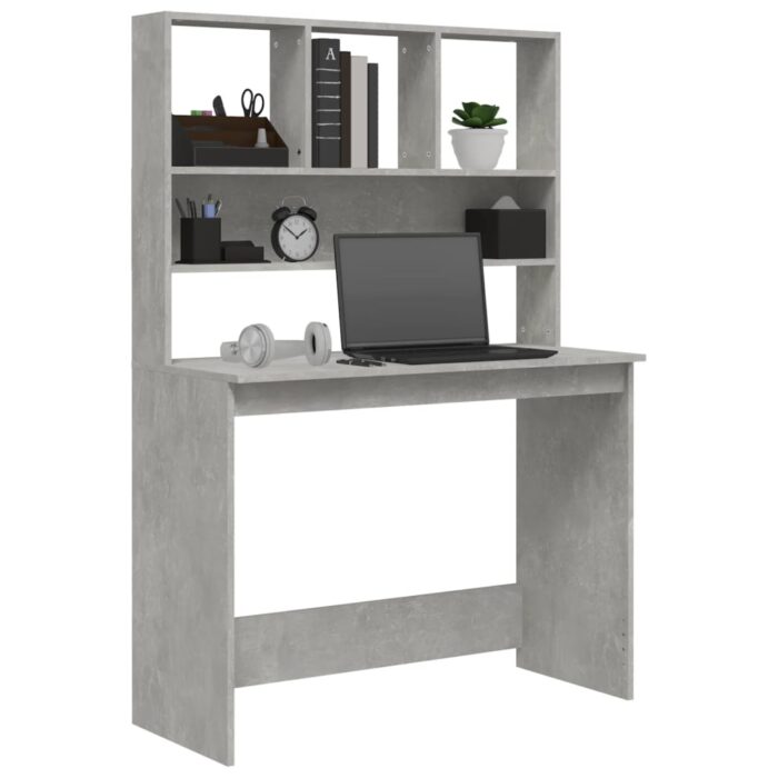Bureau avec étagères Gris béton 102x45x148 cm Bois d'ingénierie – Image 2
