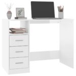 Bureau et tiroirs Blanc brillant 102x50x76 cm Bois d'ingénierie – Image 2