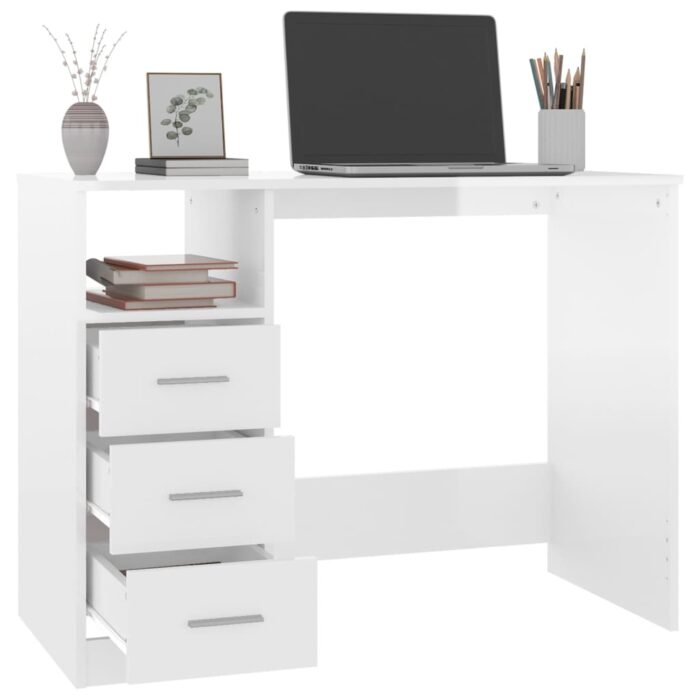 Bureau et tiroirs Blanc brillant 102x50x76 cm Bois d'ingénierie – Image 3