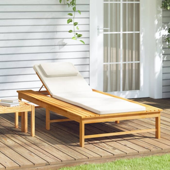 Chaise longue coussin/oreiller blanc crème bois massif acacia – Image 1