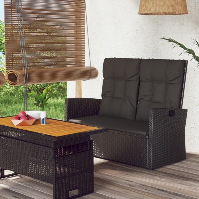 Banc de jardin inclinable et coussins noir 118cm résine tressée – Image 1