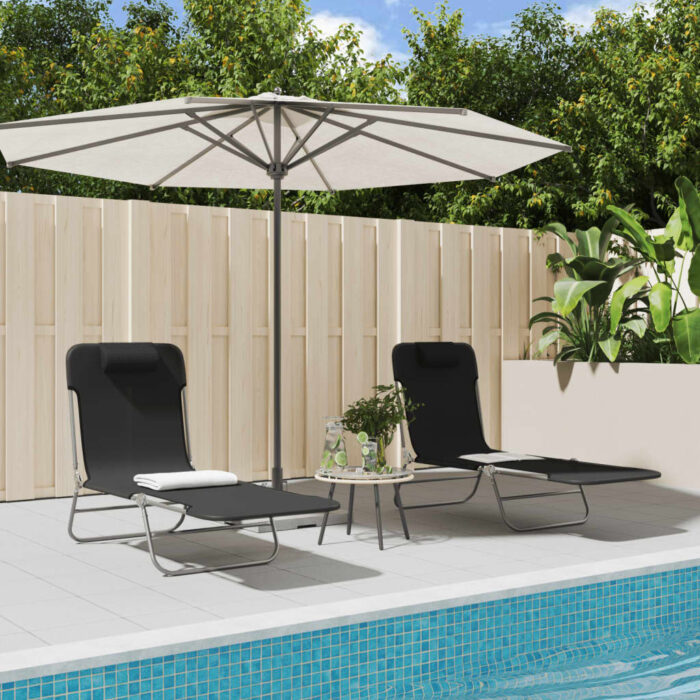 Chaises longues pliables lot de 2 noir textilène et acier – Image 1
