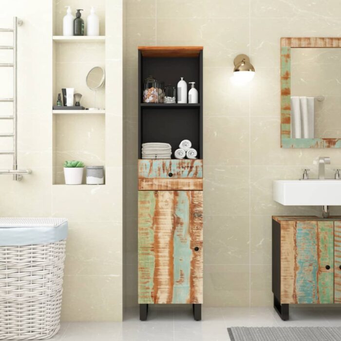 Armoire de salle de bain 38x33x160 cm bois massif récupération – Image 1