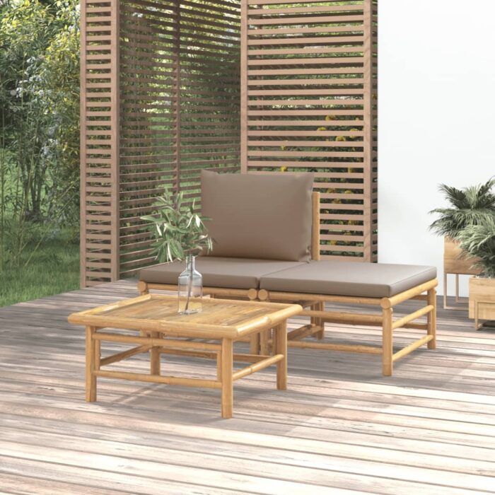 Salon de jardin 3 pcs avec coussins taupe bambou – Image 1