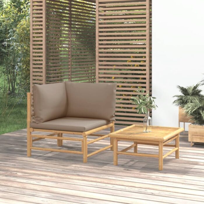 Salon de jardin 2 pcs avec coussins taupe bambou – Image 1