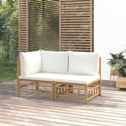 Salon de jardin 2 pcs avec coussins blanc crème bambou
