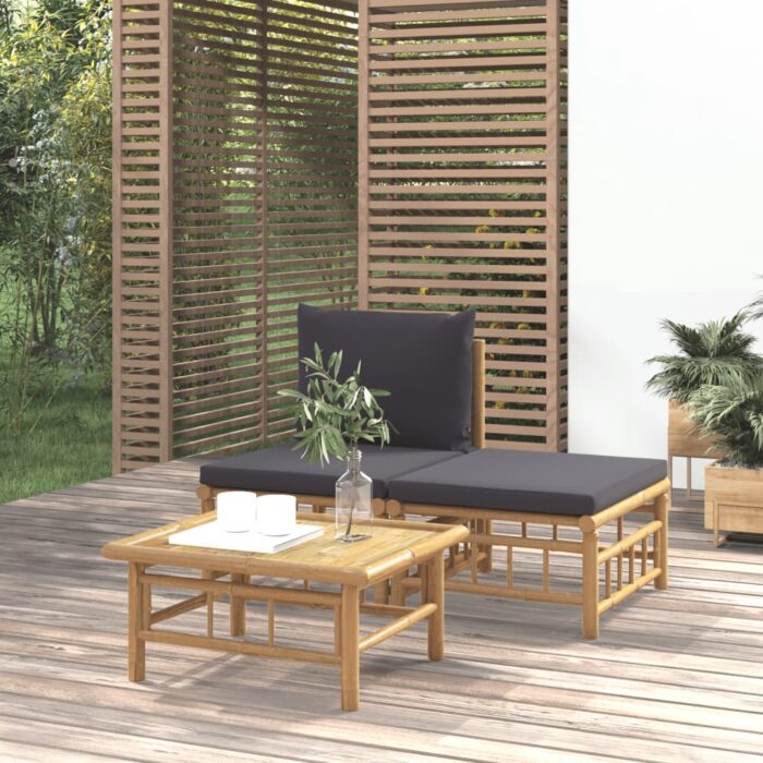 Salon de jardin 3 pcs avec coussins gris foncé bambou – Image 1