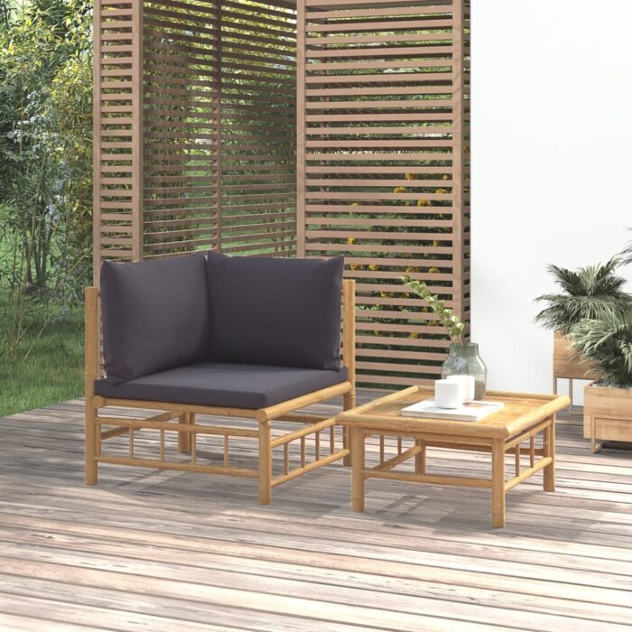 Salon de jardin 2 pcs avec coussins gris foncé bambou – Image 1