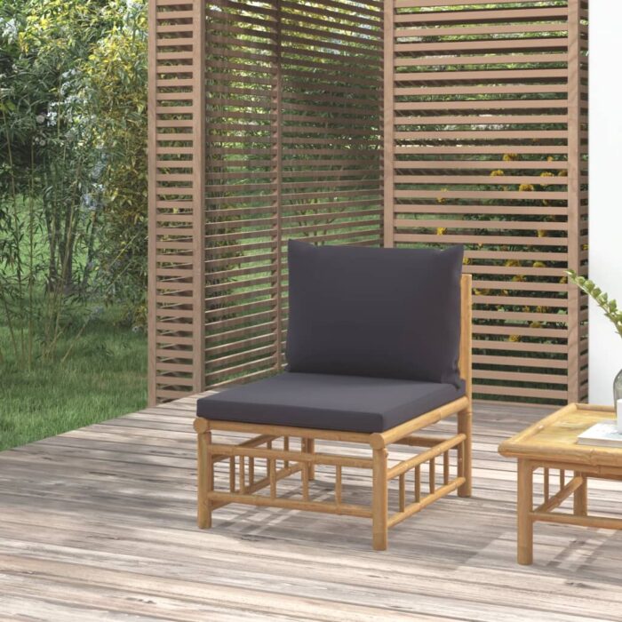 Canapé central de jardin avec coussins gris foncé bambou – Image 1