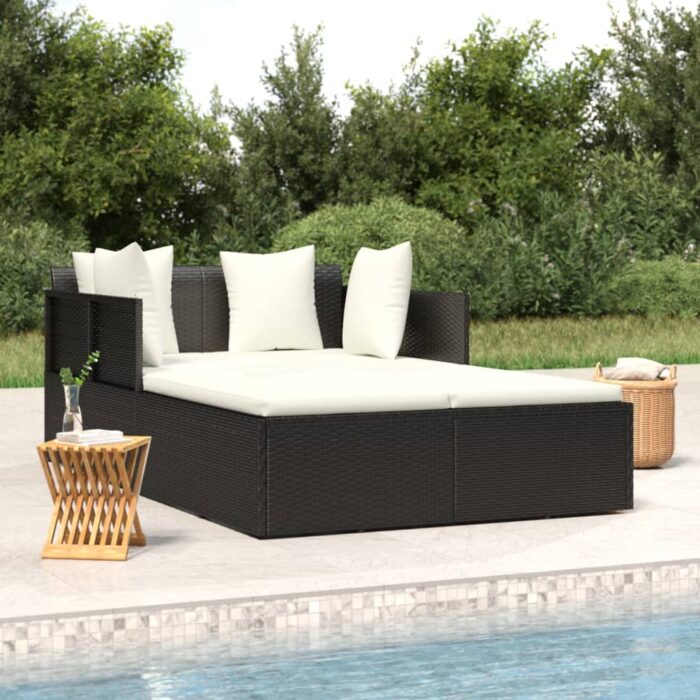 Chaise longue avec coussins noir 182x118x63 cm résine tressée – Image 1
