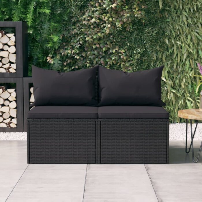 Canapés centraux de jardin et coussins 2pcs Noir Résine tressée – Image 1