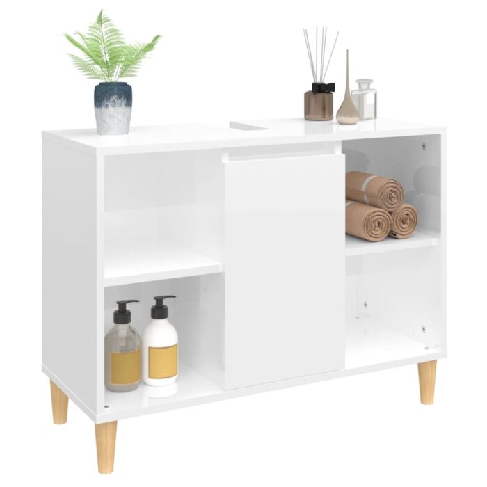 Meuble d'évier blanc brillant 80x33x60 cm bois d'ingénierie – Image 2