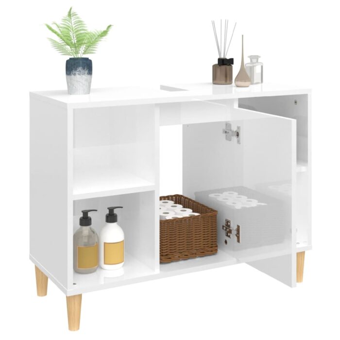 Meuble d'évier blanc brillant 80x33x60 cm bois d'ingénierie – Image 3