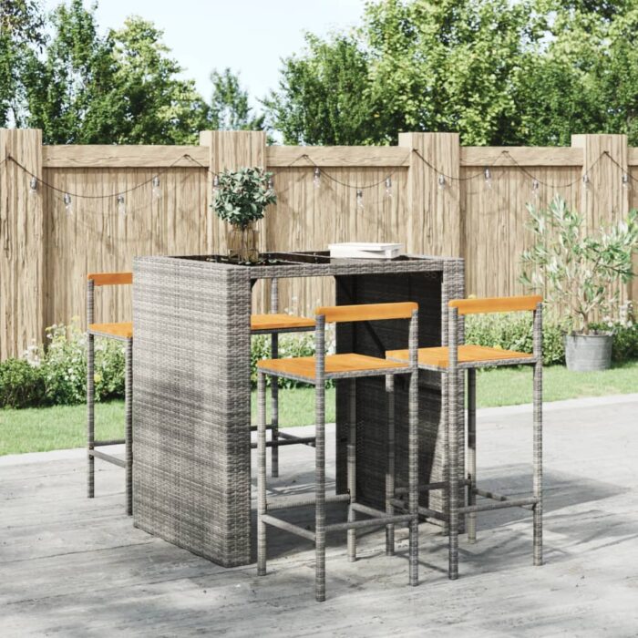 Tabourets de bar lot de 4 gris résine tressée et bois d'acacia – Image 1