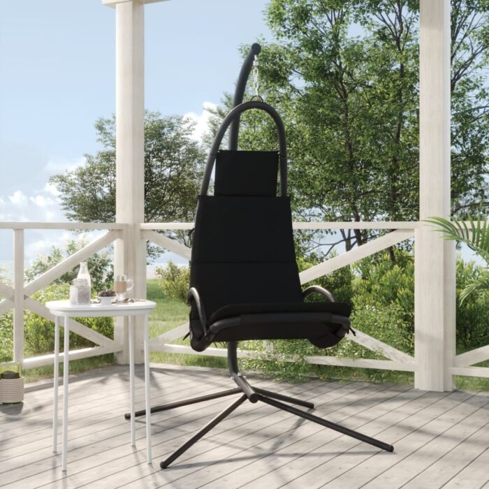 Chaise balançoire de jardin et coussin noir tissu Oxford/acier – Image 1