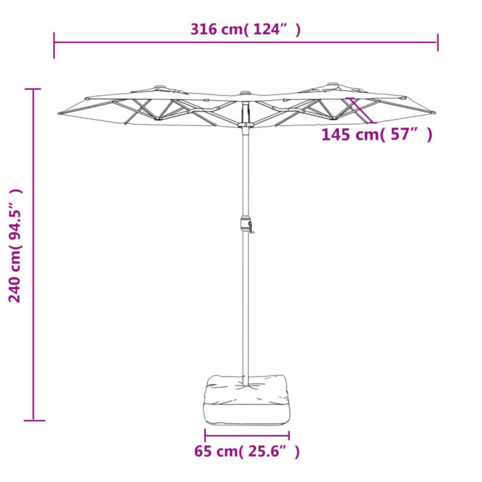 Parasol de jardin à double tête avec LED blanc sable 316x240 cm – Image 8