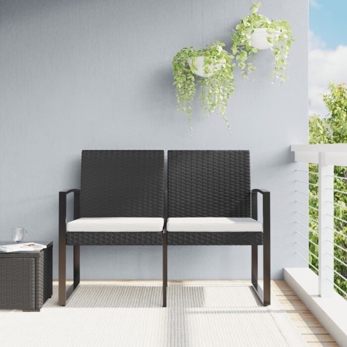 Banc de jardin à 2 places avec coussins noir rotin PP – Image 1