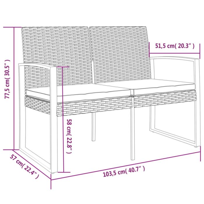 Banc de jardin à 2 places avec coussins marron PP rotin – Image 5