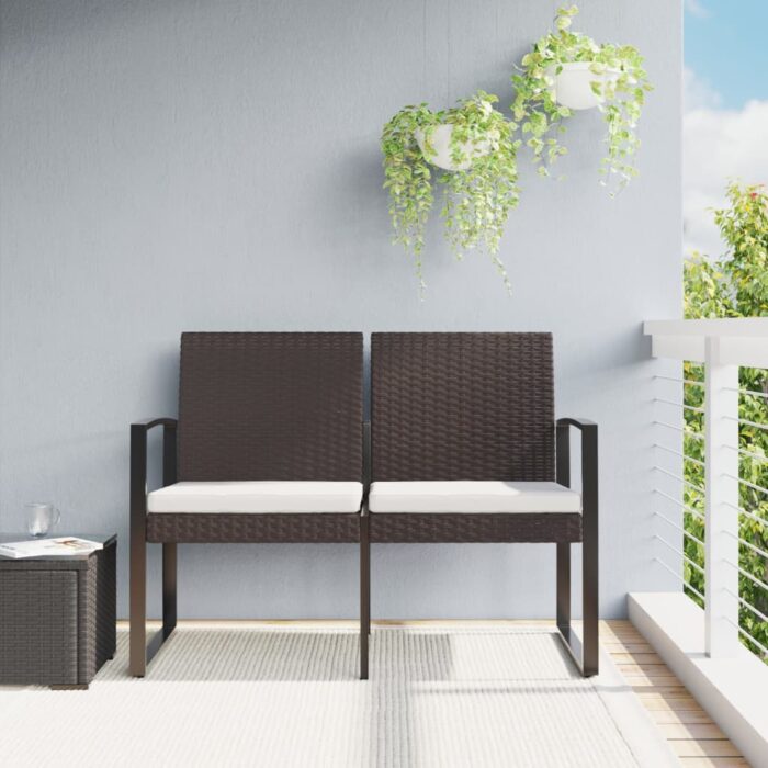 Banc de jardin à 2 places avec coussins marron PP rotin – Image 1