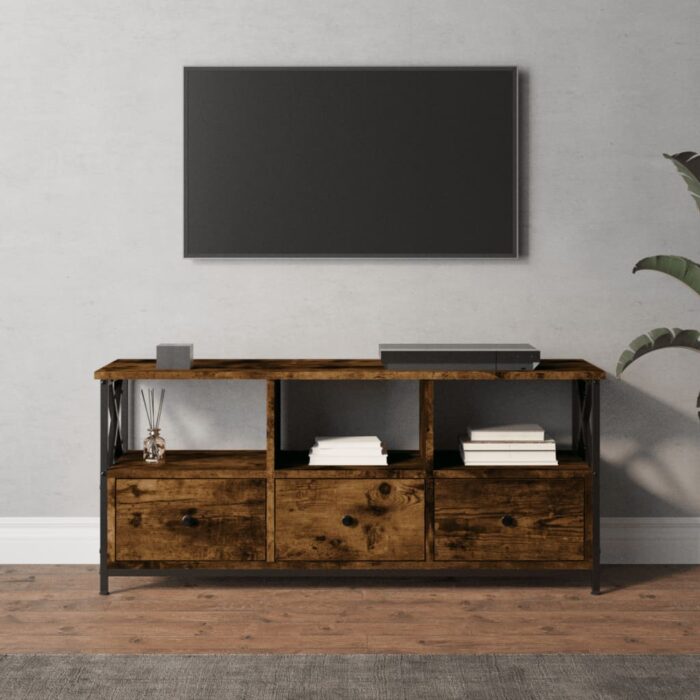 Meuble TV chêne fumé 102x33x45 cm bois d'ingénierie et fer – Image 1