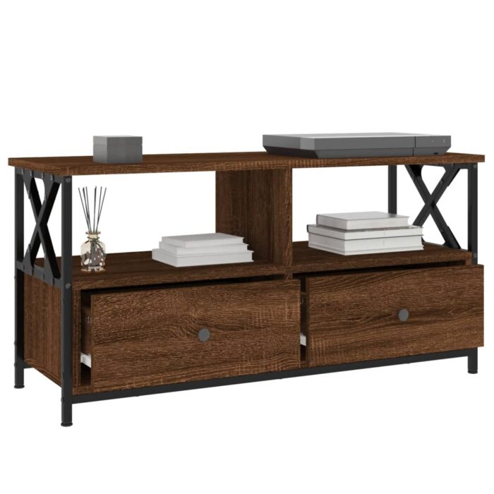 Meuble TV chêne marron 90x33x45 cm bois d'ingénierie et fer – Image 2