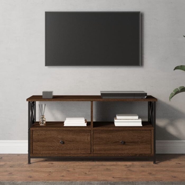 Meuble TV chêne marron 90x33x45 cm bois d'ingénierie et fer – Image 1
