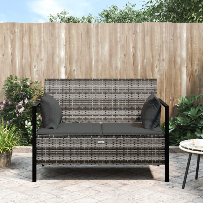 Banc de Jardin à 2 Places avec Coussins Gris Résine Tressée – Image 1