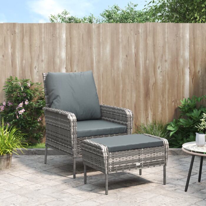 Chaise de jardin avec tabouret gris résine tressée – Image 1