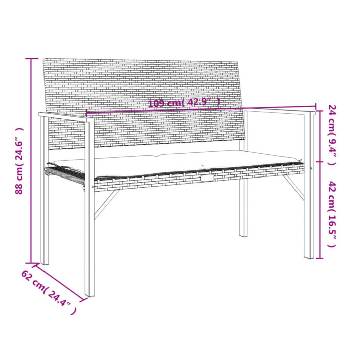 Banc de jardin à 2 places avec coussin noir résine tressée – Image 7