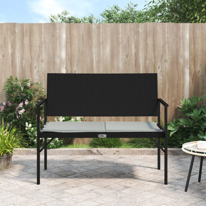 Banc de jardin à 2 places avec coussin noir résine tressée – Image 1