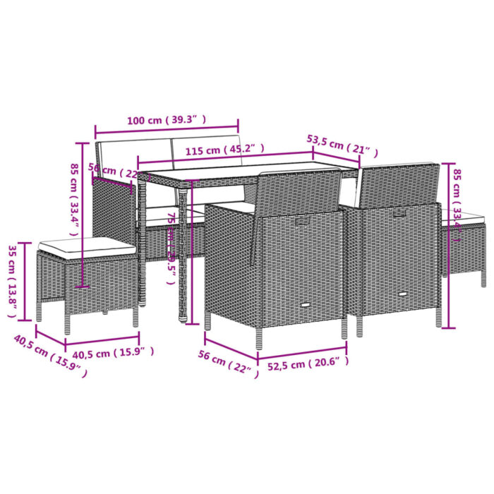 Ensemble à manger de jardin coussins 6pcs noir résine tressée – Image 9