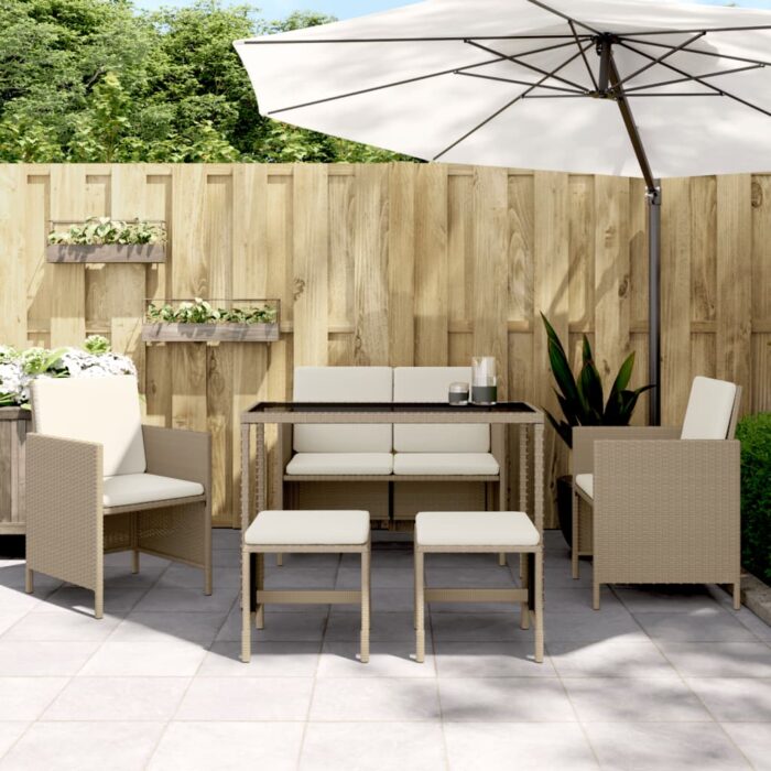 Ensemble à manger de jardin avec coussins 6pcs beige poly rotin – Image 1