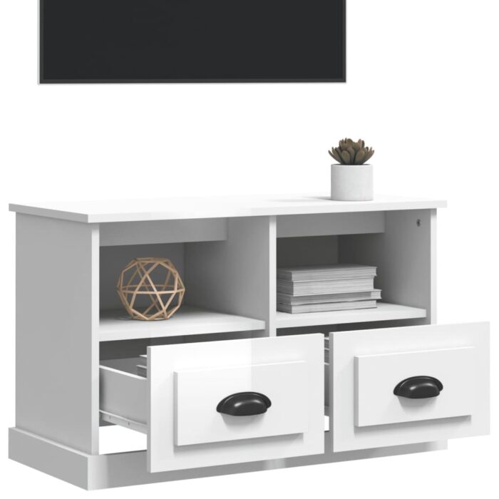 Meuble TV blanc brillant 80x35x50 cm bois d'ingénierie – Image 2