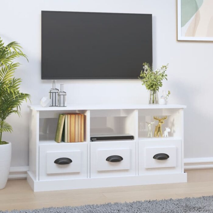 Meuble TV blanc brillant 100x35x50 cm bois d'ingénierie – Image 1