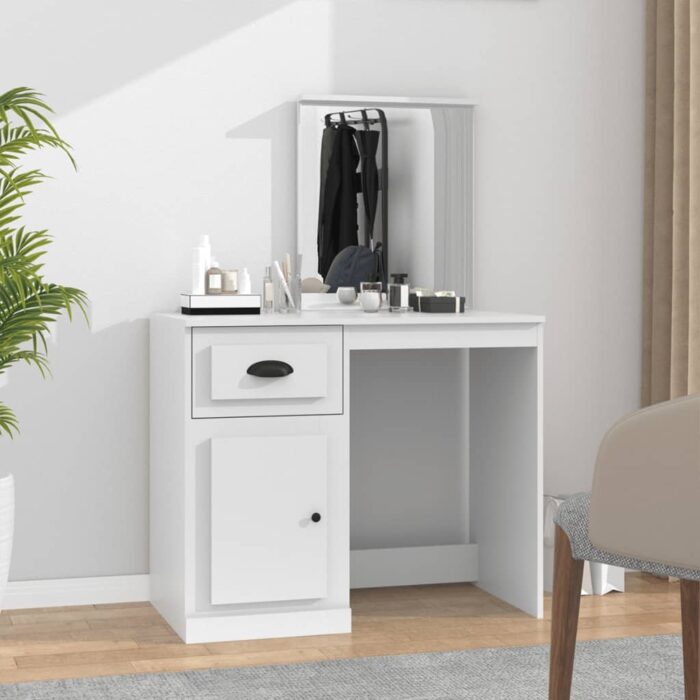 Coiffeuse avec miroir blanc 90x50x132,5 cm bois d'ingénierie – Image 1