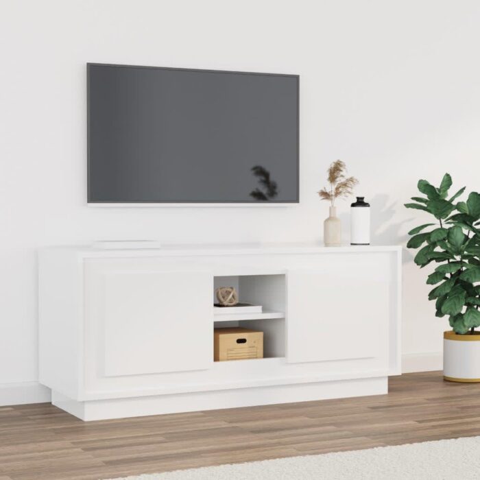 Meuble TV blanc brillant 102x35x45 cm bois d'ingénierie – Image 1