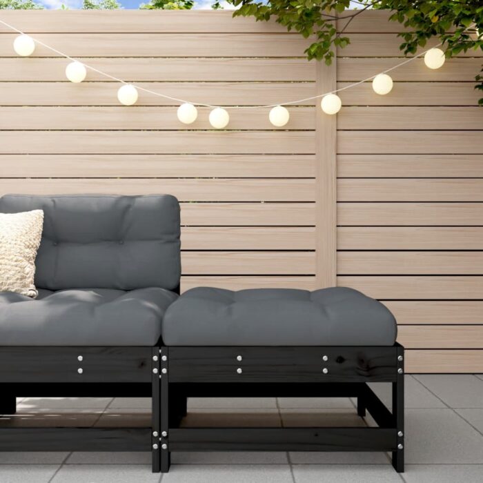 Repose-pied de jardin avec coussin noir bois de pin massif – Image 1