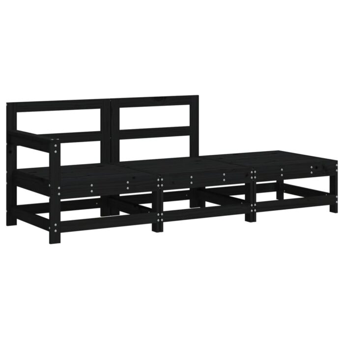 Salon de jardin 3 pcs avec coussins noir bois massif – Image 2
