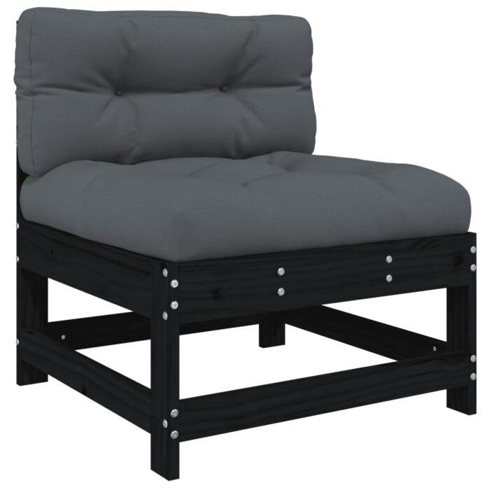 Salon de jardin 3 pcs avec coussins noir bois massif – Image 4