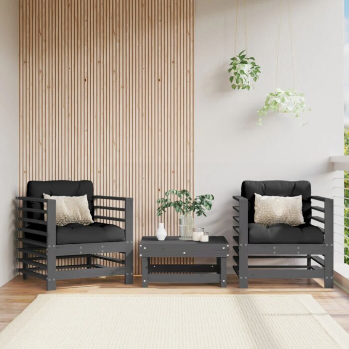 Chaises de jardin et coussins lot de 2 gris bois de pin massif – Image 1