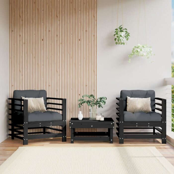 Chaises de jardin et coussins lot de 2 noir bois de pin massif – Image 1