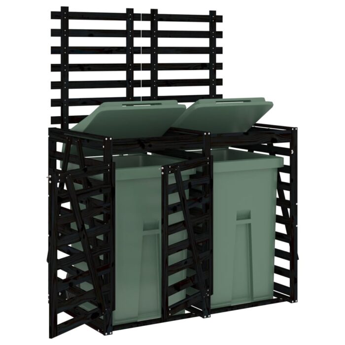 Abri pour poubelle double sur roulettes noir bois massif de pin – Image 2