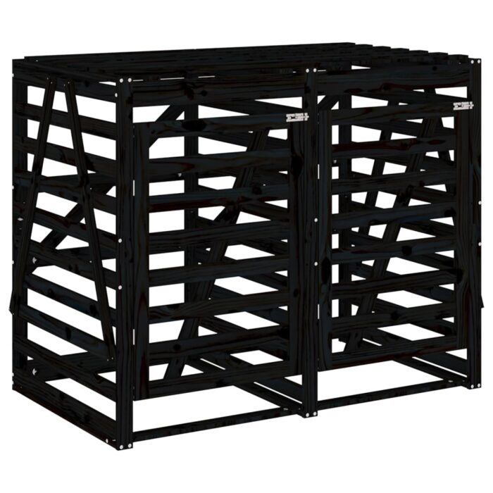 Abri pour poubelle double sur roulettes noir bois massif de pin – Image 3